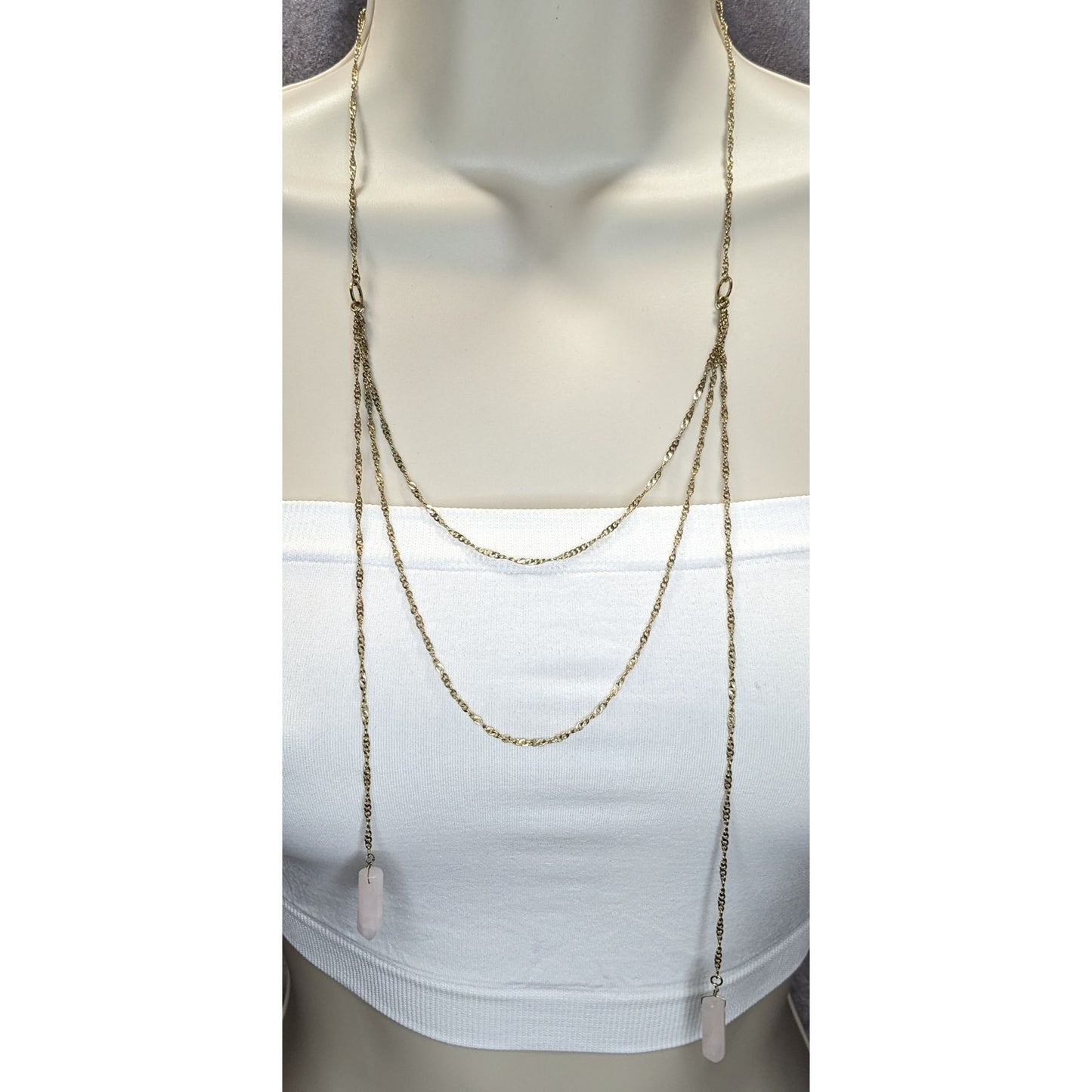 Boho Y2K Sugarfix Rose Quartz Double Drop Gold Layered Chain Necklace