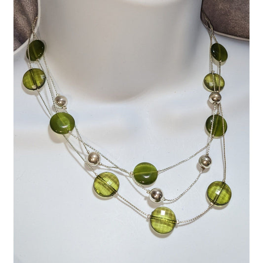 Green Glass Disc Necklace Layered Silver Tone Beaded Statement Boho Nature Jewelry