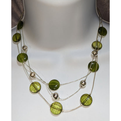 Green Glass Disc Necklace Layered Silver Tone Beaded Statement Boho Nature Jewelry