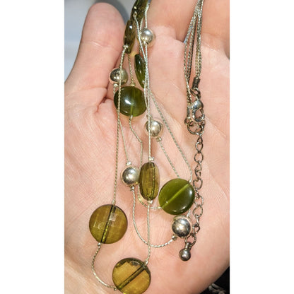 Green Glass Disc Necklace Layered Silver Tone Beaded Statement Boho Nature Jewelry