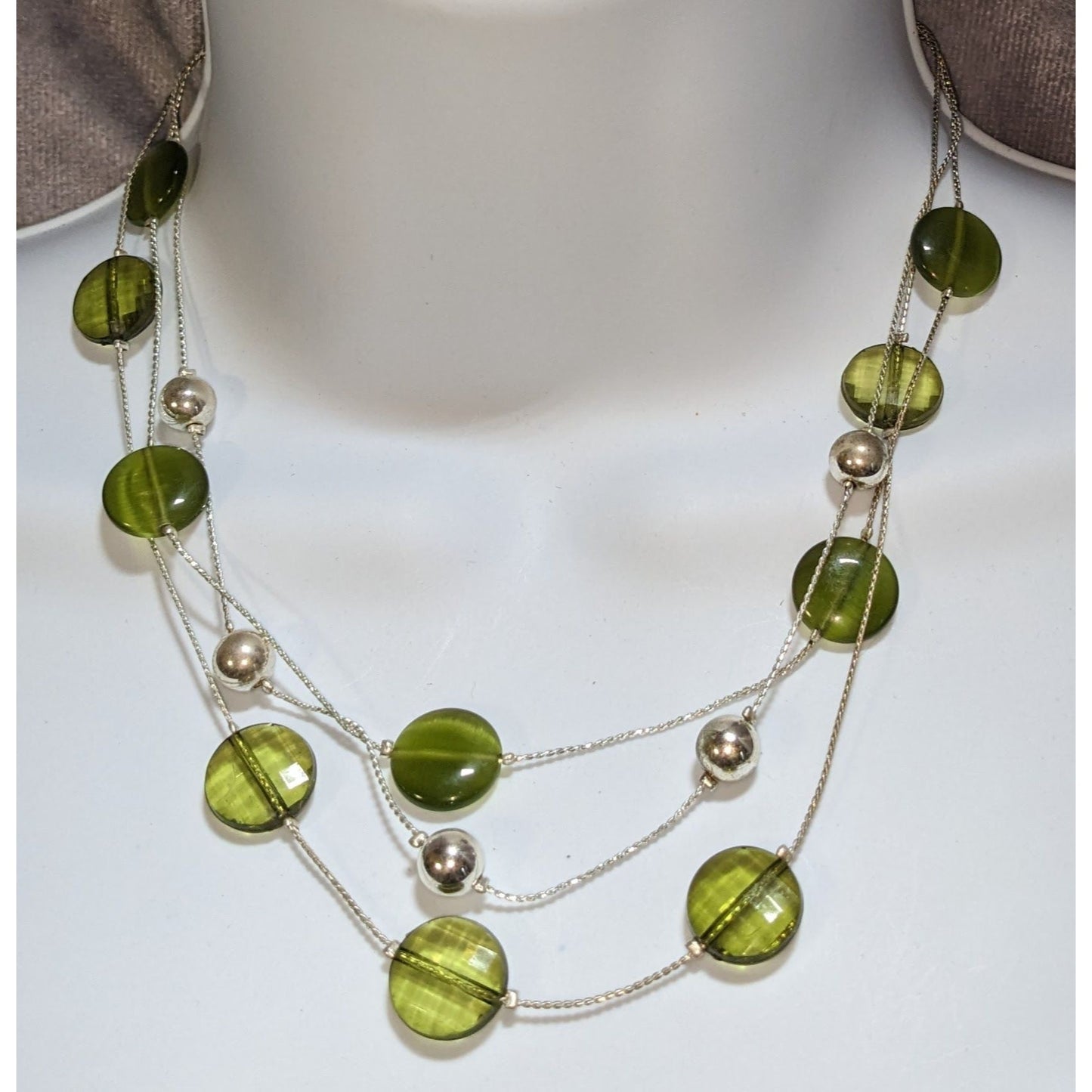 Green Glass Disc Necklace Layered Silver Tone Beaded Statement Boho Nature Jewelry