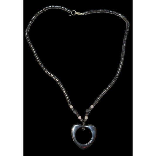 Coquette Open Heart Hematite Pink Quartz Necklace