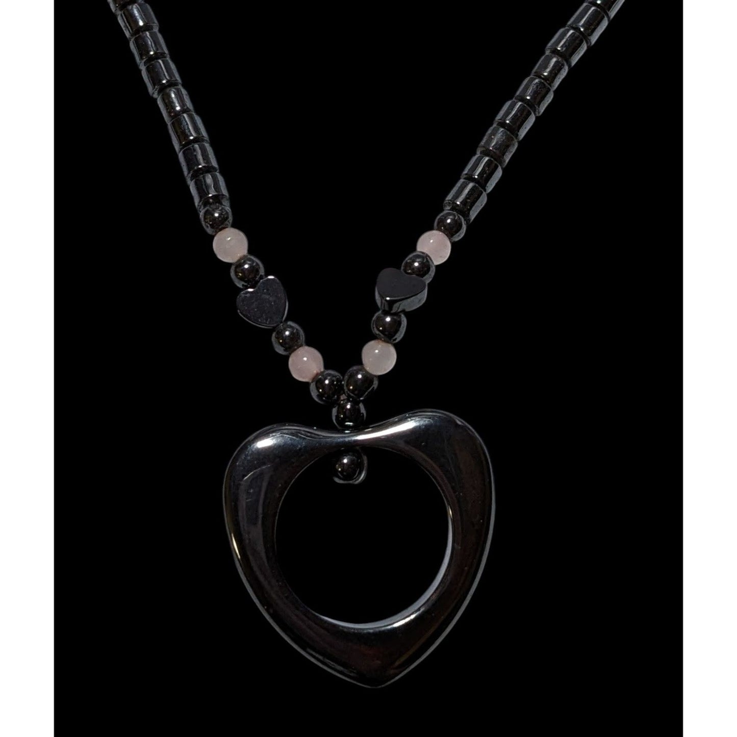 Coquette Open Heart Hematite Pink Quartz Necklace