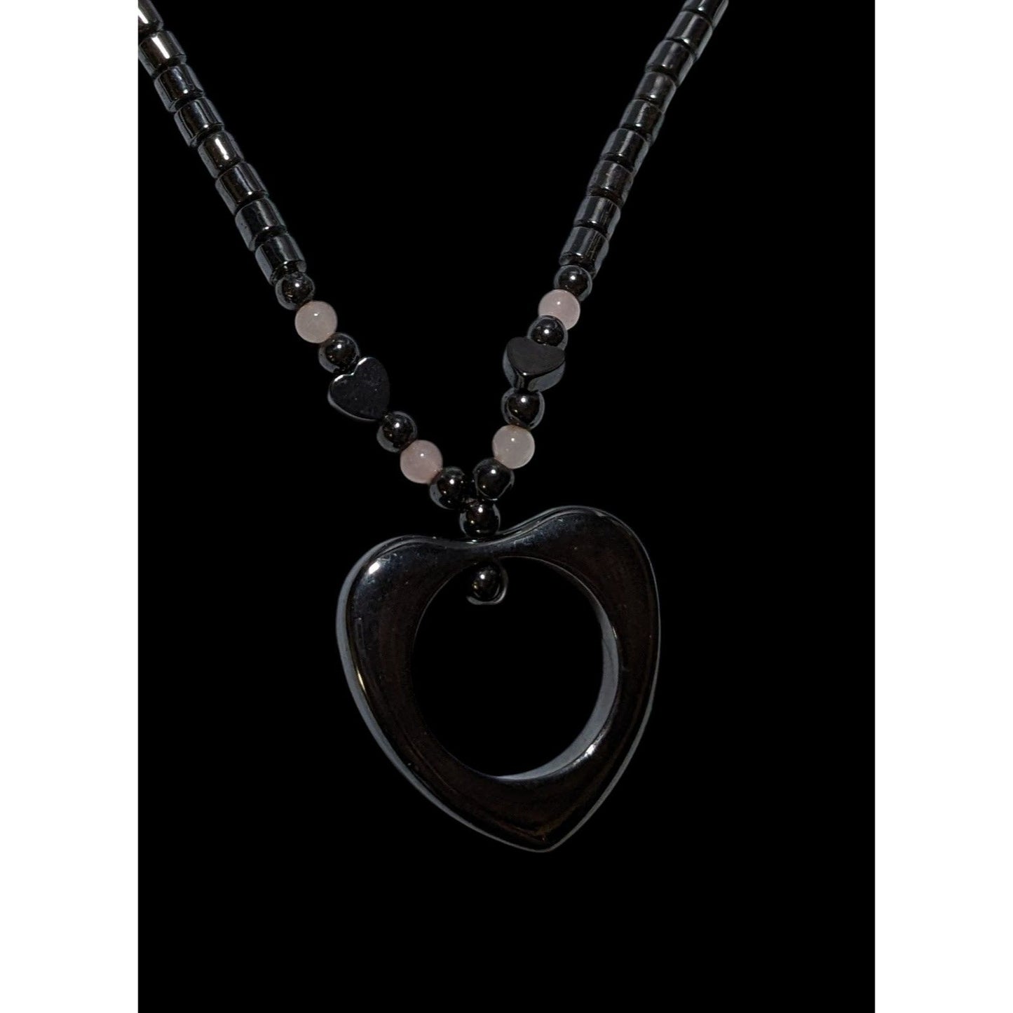 Coquette Open Heart Hematite Pink Quartz Necklace