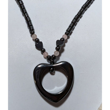 Coquette Open Heart Hematite Pink Quartz Necklace