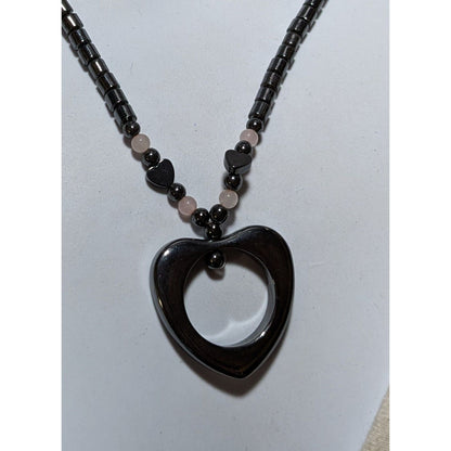 Coquette Open Heart Hematite Pink Quartz Necklace