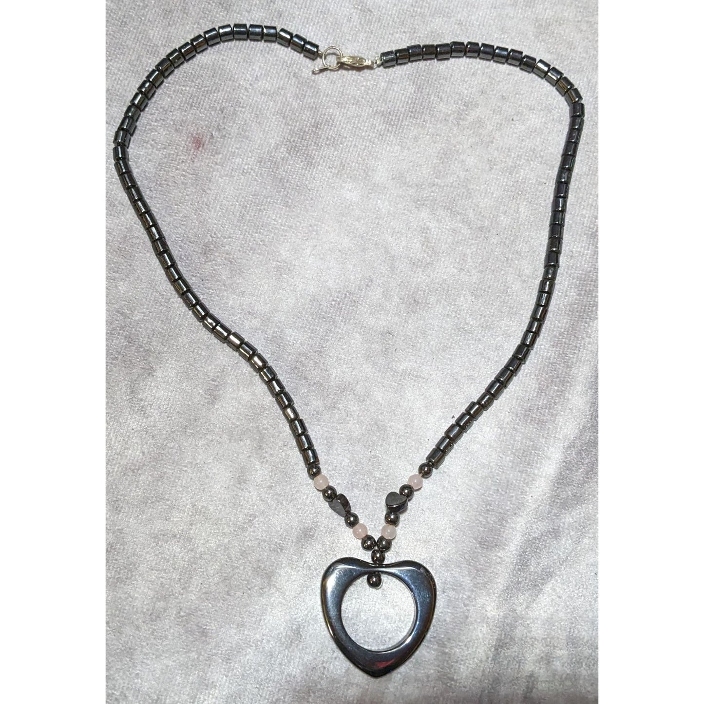 Coquette Open Heart Hematite Pink Quartz Necklace