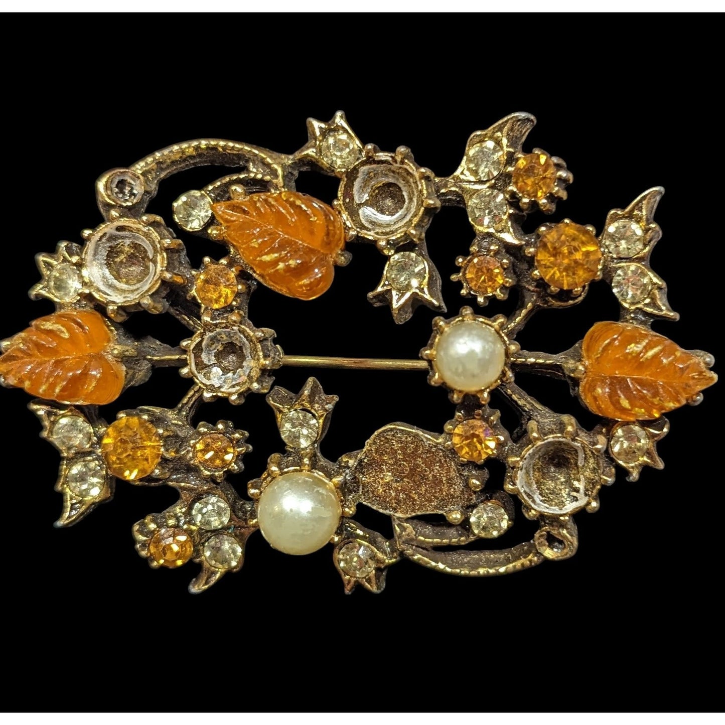 Vintage Floral Brooch Gold Tone With Orange Gems And Faux Pearls