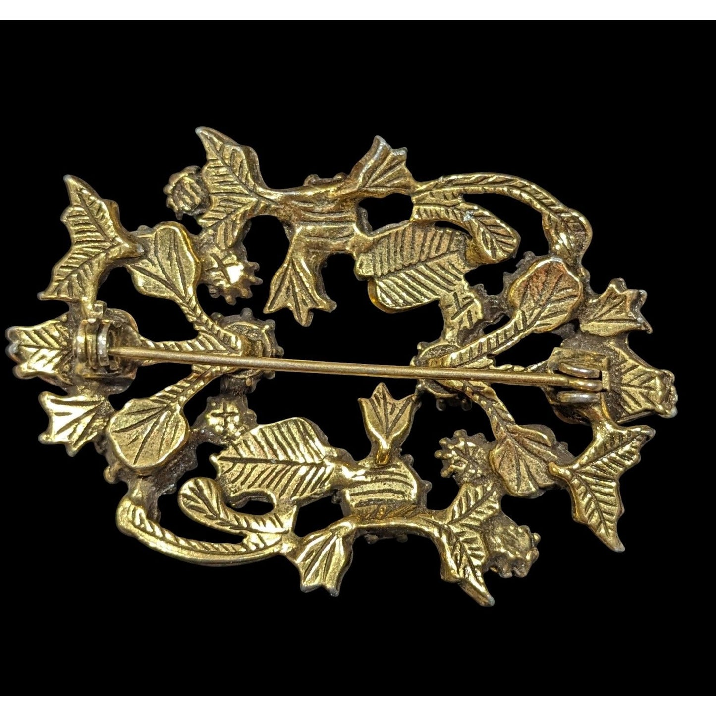 Vintage Floral Brooch Gold Tone With Orange Gems And Faux Pearls