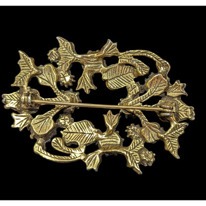 Vintage Floral Brooch Gold Tone With Orange Gems And Faux Pearls