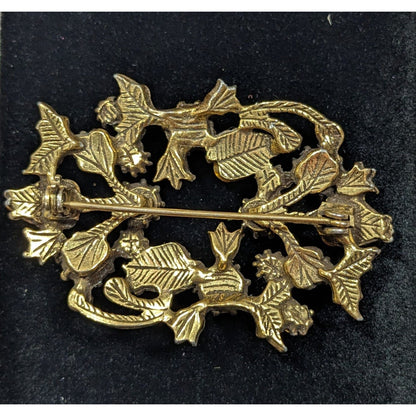Vintage Floral Brooch Gold Tone With Orange Gems And Faux Pearls
