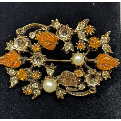Vintage Floral Brooch Gold Tone With Orange Gems And Faux Pearls