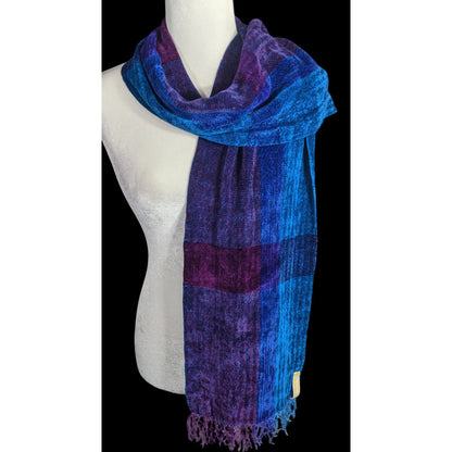 Cozy Ombre Handwoven By Polly Connell Blue & Purple Chenille Scarf With Fringe