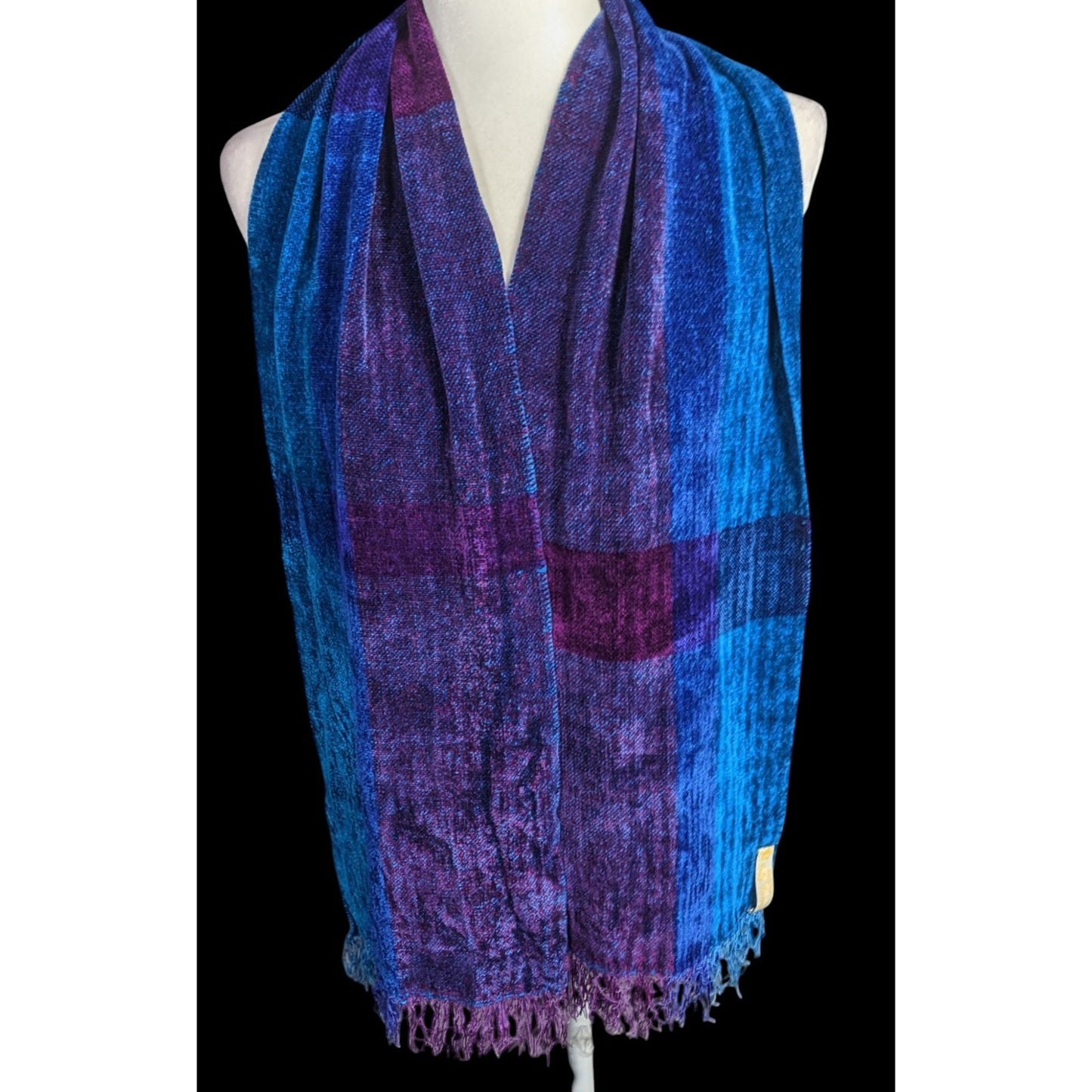 Cozy Ombre Handwoven By Polly Connell Blue & Purple Chenille Scarf With Fringe