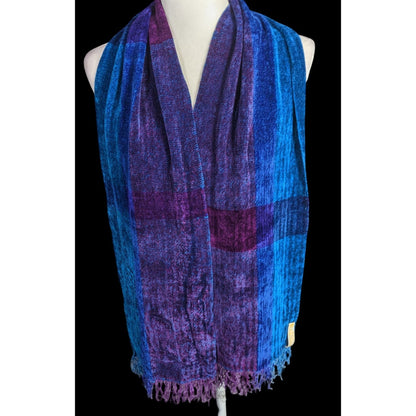 Cozy Ombre Handwoven By Polly Connell Blue & Purple Chenille Scarf With Fringe