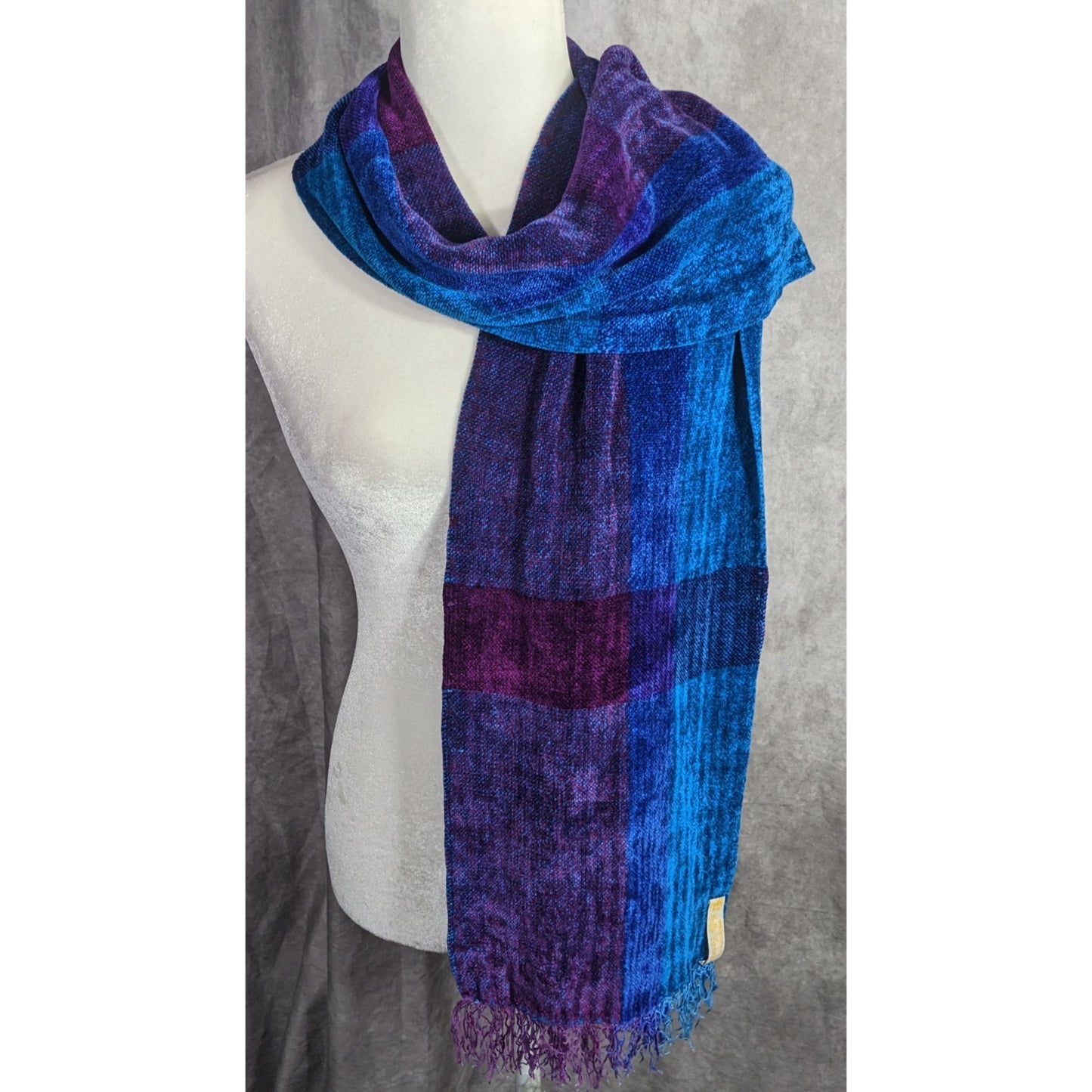 Cozy Ombre Handwoven By Polly Connell Blue & Purple Chenille Scarf With Fringe