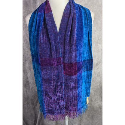 Cozy Ombre Handwoven By Polly Connell Blue & Purple Chenille Scarf With Fringe