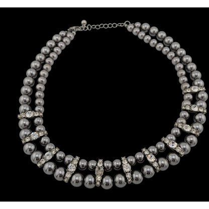 Vintage Glam Faux Pearl Double Strand Necklace With Rhinestone Accents