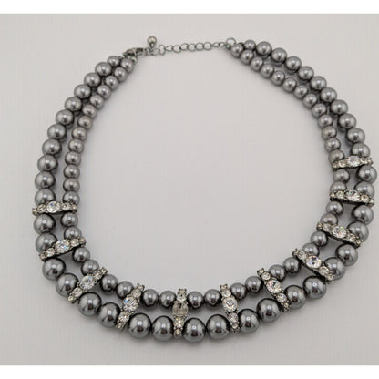Vintage Glam Faux Pearl Double Strand Necklace With Rhinestone Accents