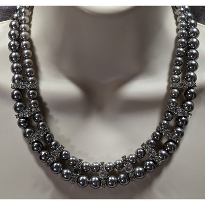 Vintage Glam Faux Pearl Double Strand Necklace With Rhinestone Accents