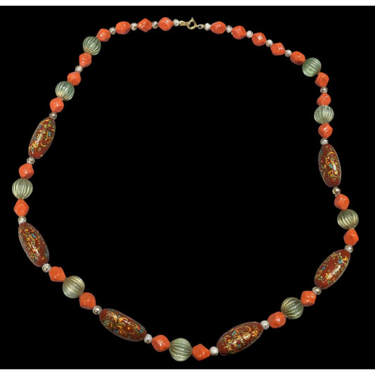 Vintage Hand Painted Bohemian Brown Green And Orange Beaded Necklace