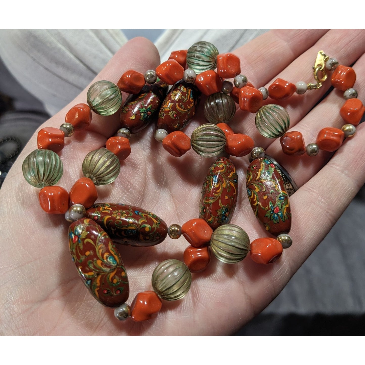 Vintage Hand Painted Bohemian Brown Green And Orange Beaded Necklace