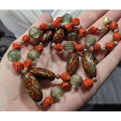 Vintage Hand Painted Bohemian Brown Green And Orange Beaded Necklace