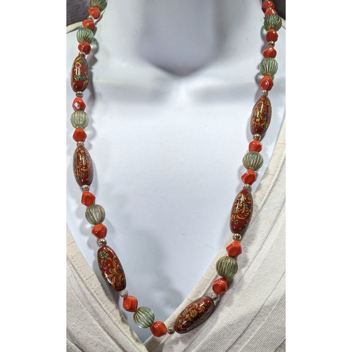 Vintage Hand Painted Bohemian Brown Green And Orange Beaded Necklace