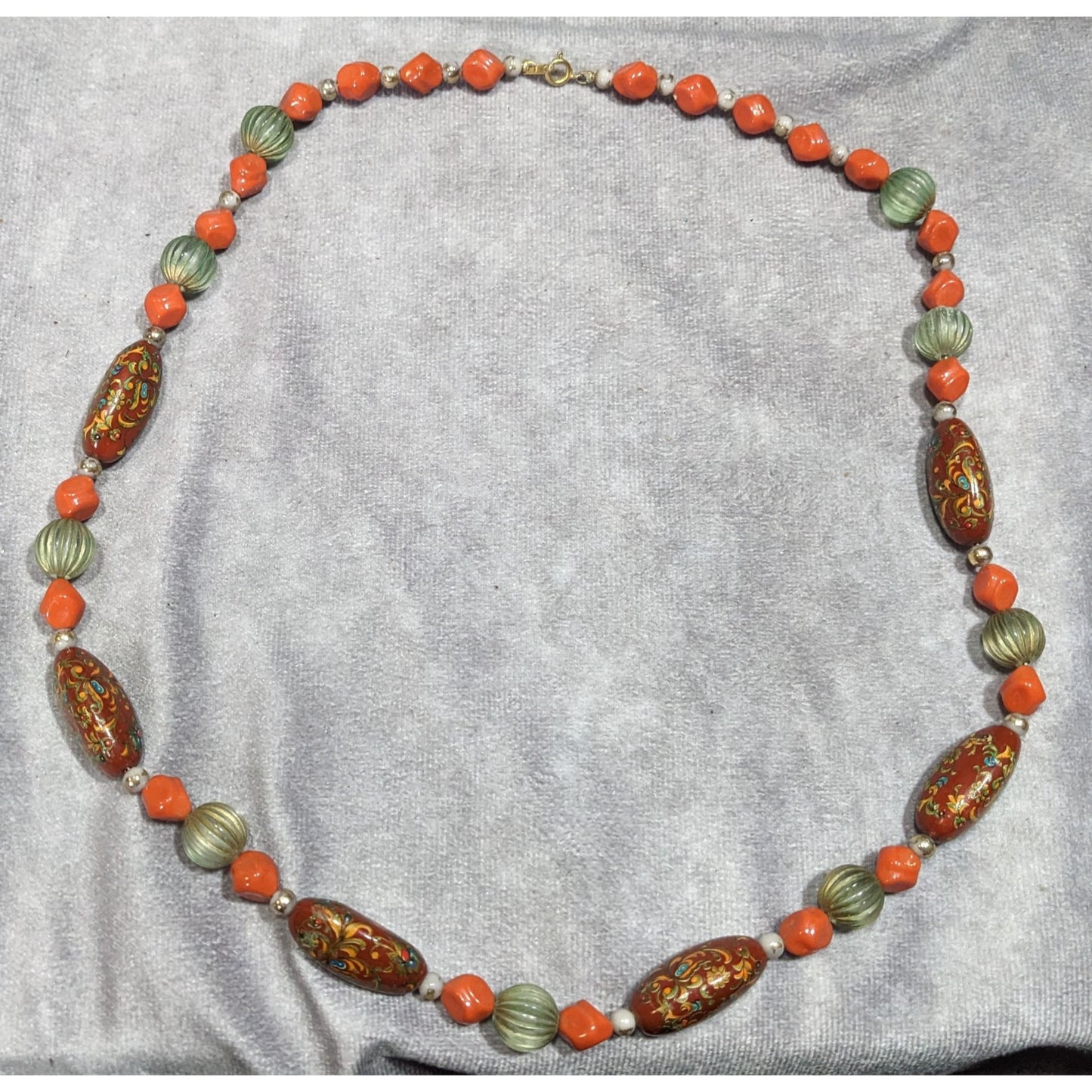 Vintage Hand Painted Bohemian Brown Green And Orange Beaded Necklace
