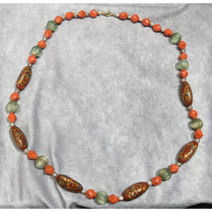 Vintage Hand Painted Bohemian Brown Green And Orange Beaded Necklace