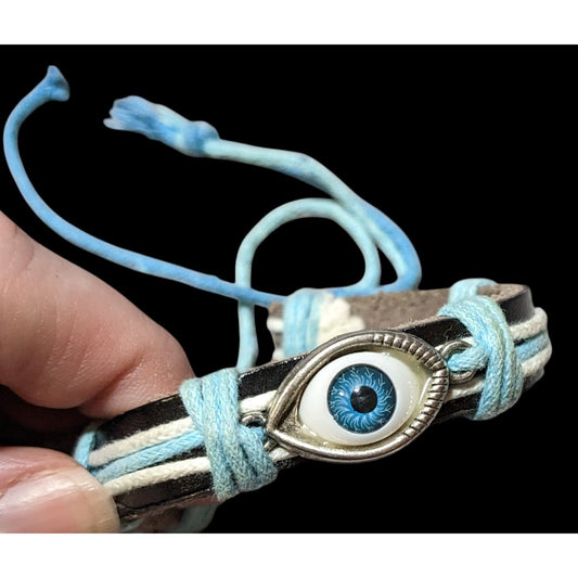 Blue And Brown Leather Evil Eye Adjustable Bracelet