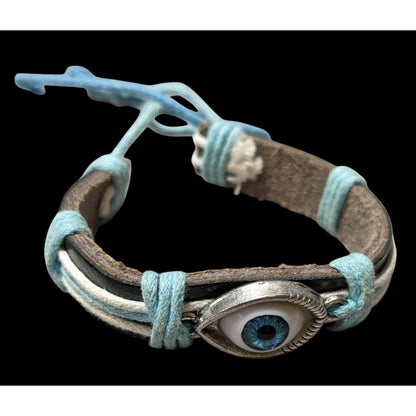 Blue And Brown Leather Evil Eye Adjustable Bracelet