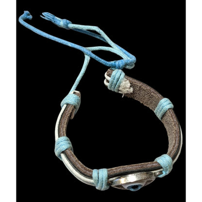 Blue And Brown Leather Evil Eye Adjustable Bracelet