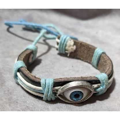 Blue And Brown Leather Evil Eye Adjustable Bracelet