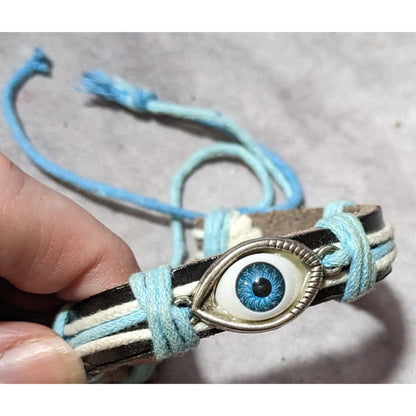 Blue And Brown Leather Evil Eye Adjustable Bracelet