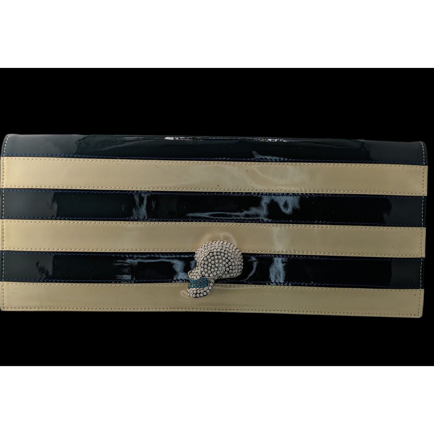 Happy Hour Gothic Punk Skull Clutch With Black & Beige Stripes 15"x6"x1" Bold Statement Accessory