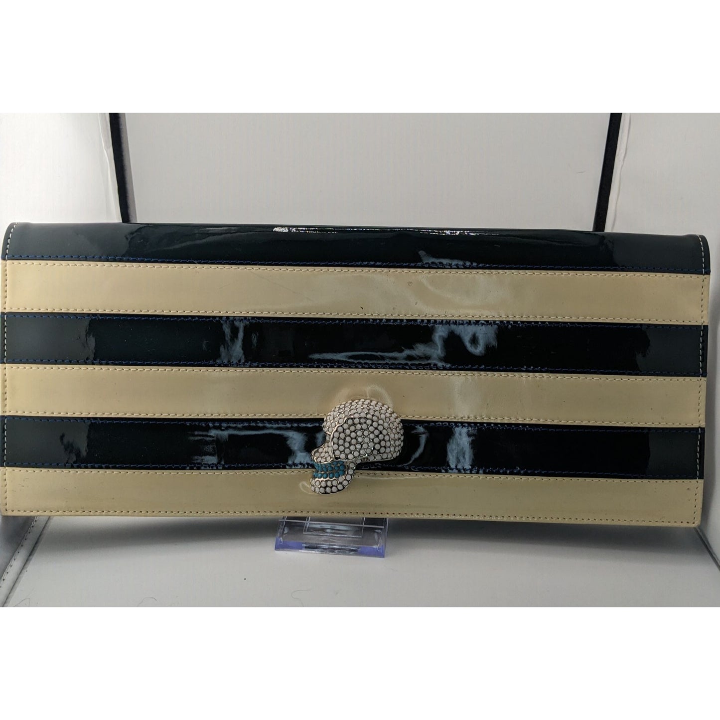 Happy Hour Gothic Punk Skull Clutch With Black & Beige Stripes 15"x6"x1" Bold Statement Accessory