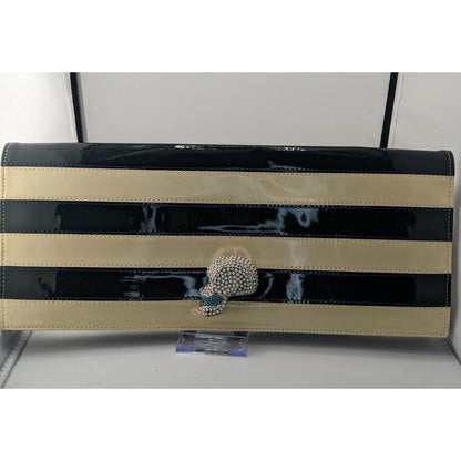 Happy Hour Gothic Punk Skull Clutch With Black & Beige Stripes 15"x6"x1" Bold Statement Accessory