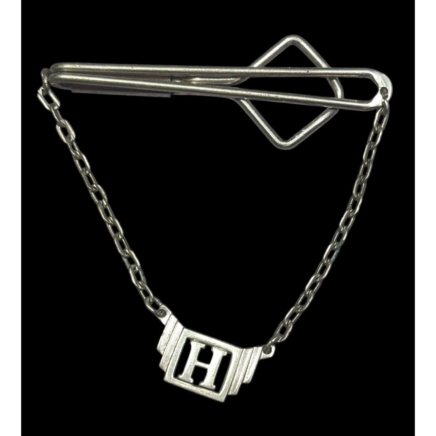 Vintage Swank H Initial Silver Tone Tie Bar With Chain