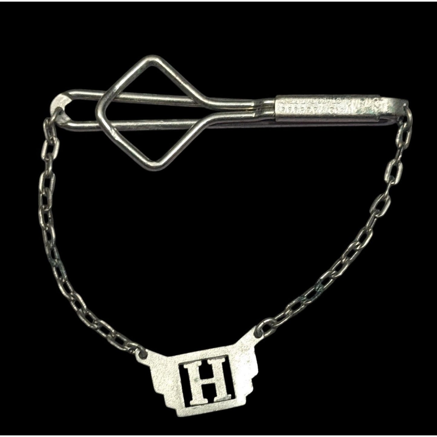 Vintage Swank H Initial Silver Tone Tie Bar With Chain