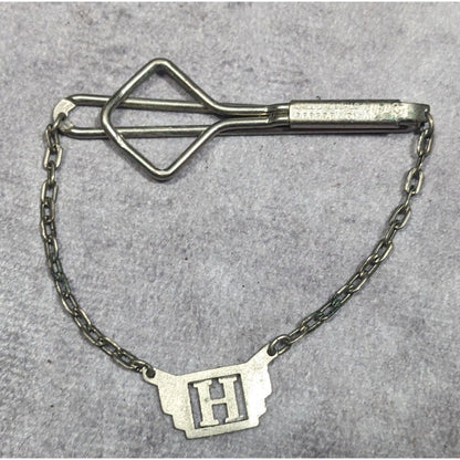 Vintage Swank H Initial Silver Tone Tie Bar With Chain