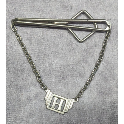 Vintage Swank H Initial Silver Tone Tie Bar With Chain
