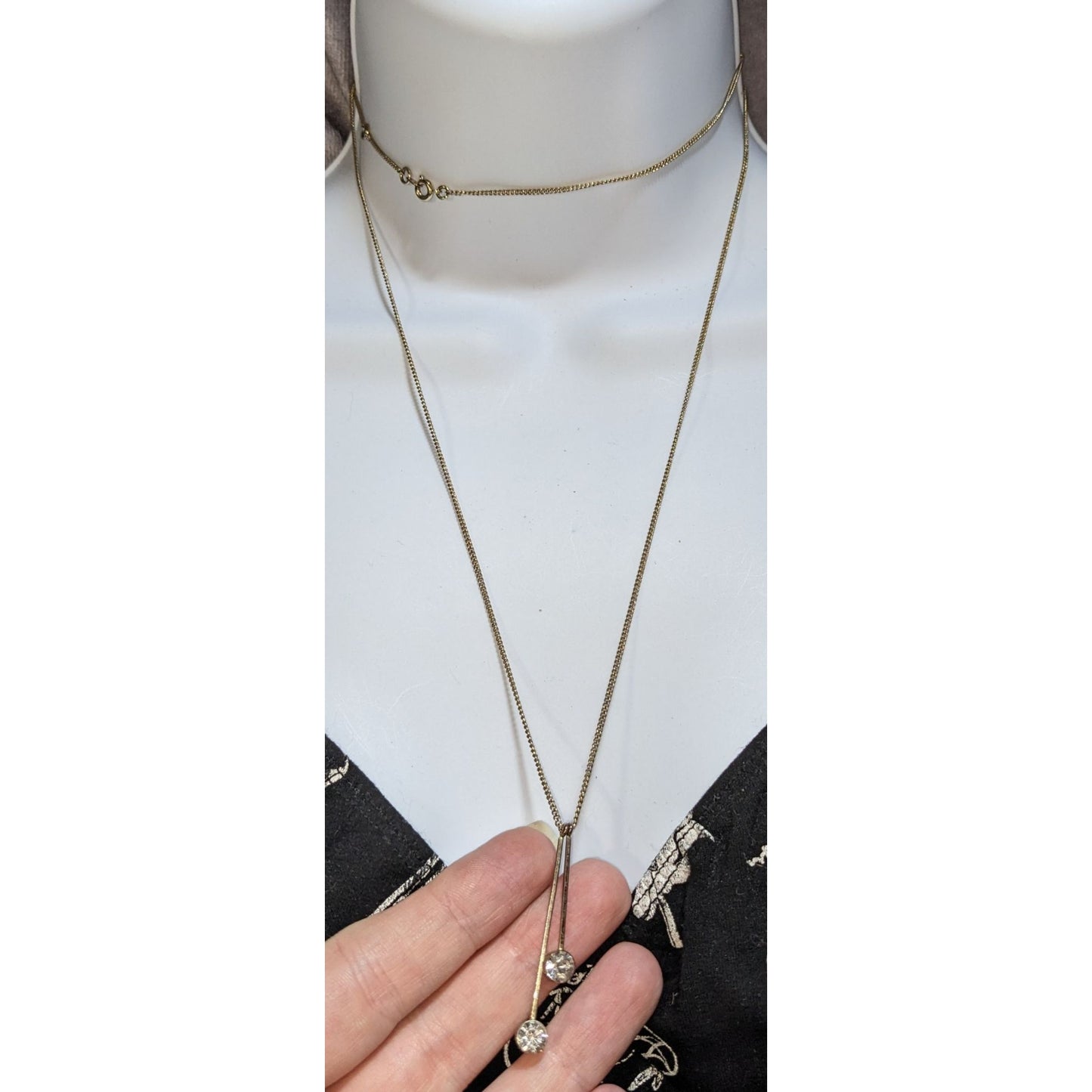 Gold Rhinestone Lariat Necklace Long Minimalist Y Drop Crystal Pendant Layering Jewelry