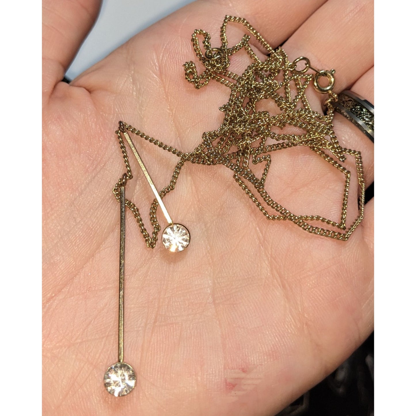 Gold Rhinestone Lariat Necklace Long Minimalist Y Drop Crystal Pendant Layering Jewelry