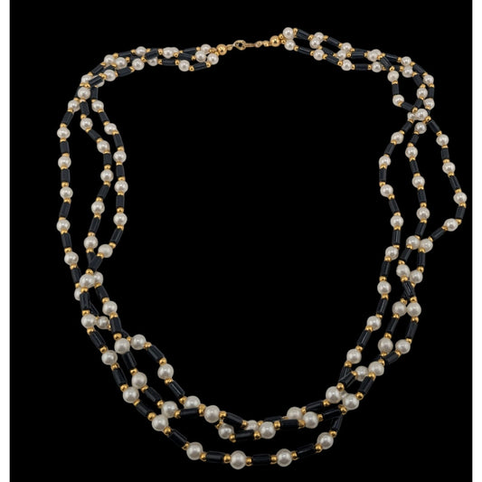 Vintage Multi-Strand Faux Pearl & Black Bead Necklace