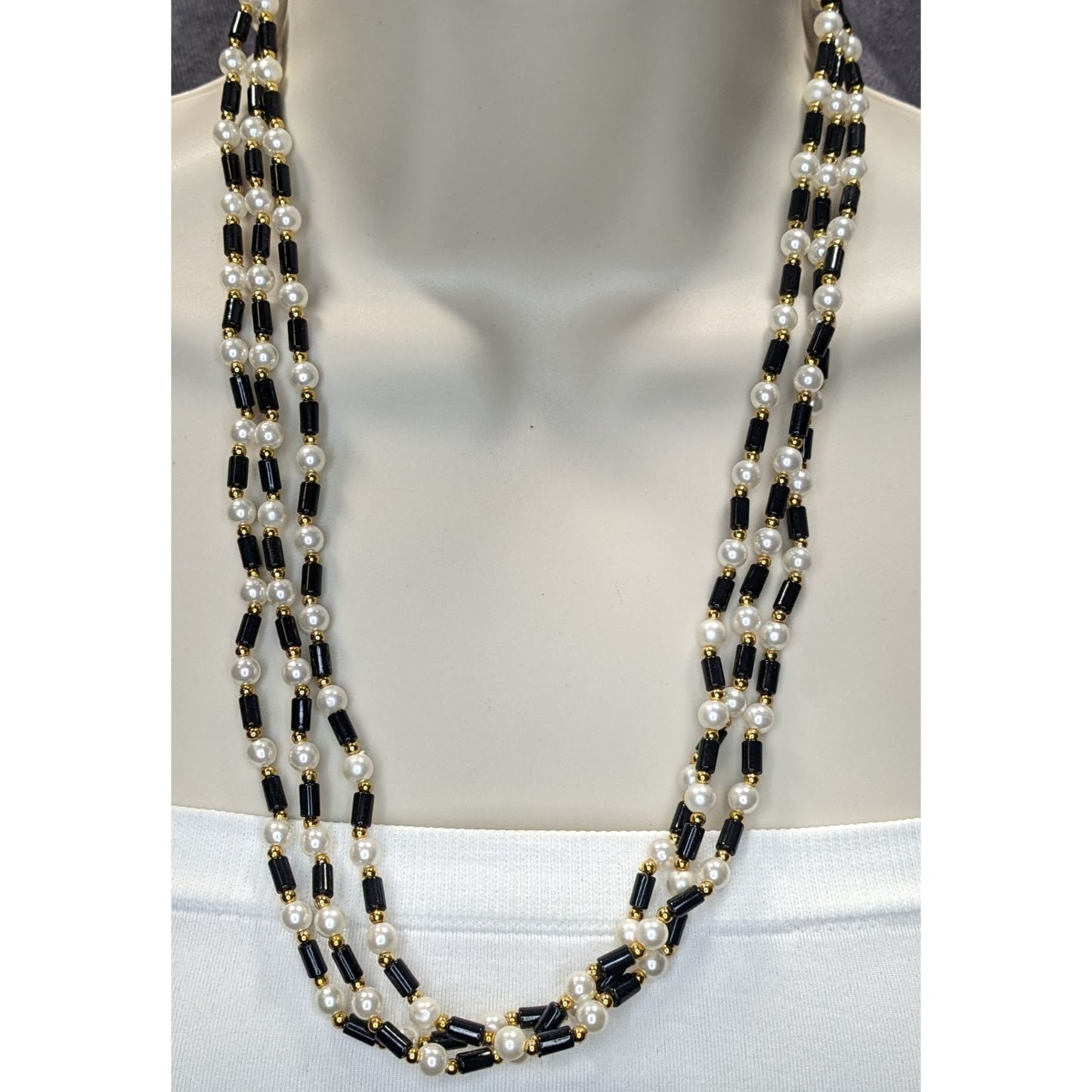 Vintage Multi-Strand Faux Pearl & Black Bead Necklace