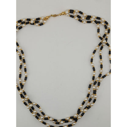 Vintage Multi-Strand Faux Pearl & Black Bead Necklace