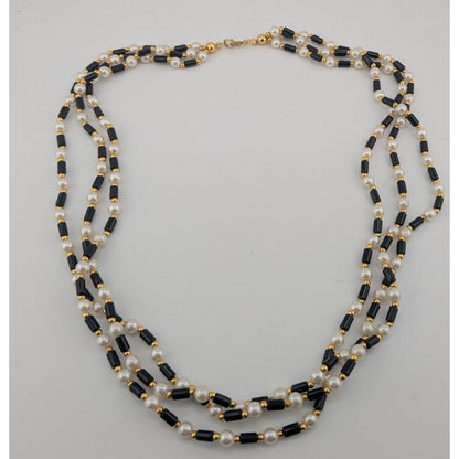 Vintage Multi-Strand Faux Pearl & Black Bead Necklace