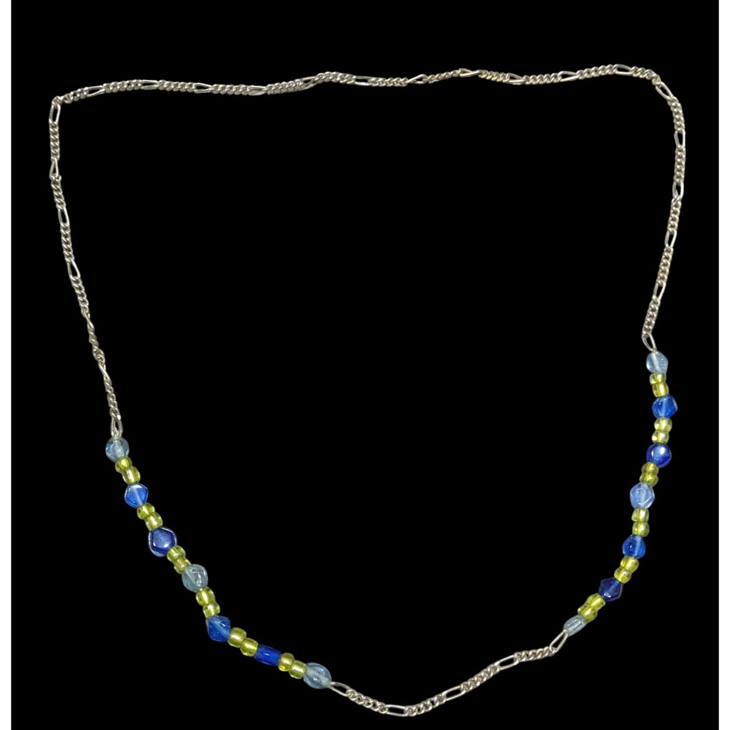 Handcrafted Blue & Green Glass Beaded Necklace On Silver Tone Figaro Chain