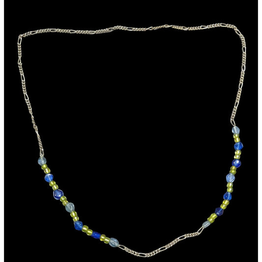Handcrafted Blue & Green Glass Beaded Necklace On Silver Tone Figaro Chain